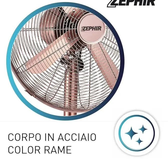 ZEPHIR - PFV41BR - Ventilatore a Piantana, Bronzo, 50 Watt, 4 pale, 3 velocità , base oscillante, altezza regolabile max 140 cm - Metallo