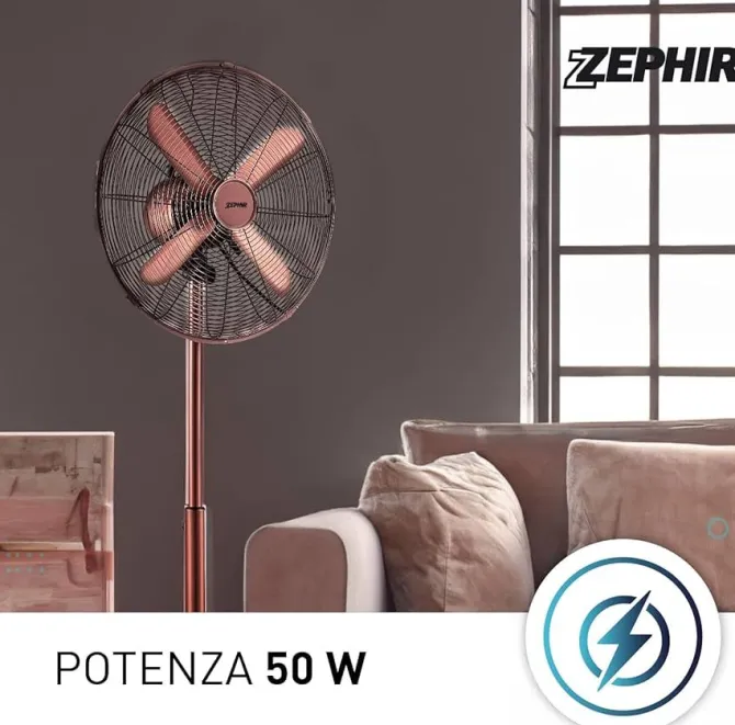 ZEPHIR - PFV41BR - Ventilatore a Piantana, Bronzo, 50 Watt, 4 pale, 3 velocità , base oscillante, altezza regolabile max 140 cm - Metallo