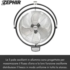 ZEPHIR - ZVI50CM Ventilatore da muro 50 cm con telecomando, 115 watt, 3 velocità, 3 pale oscillanti in alluminio, cavo 2 metri
