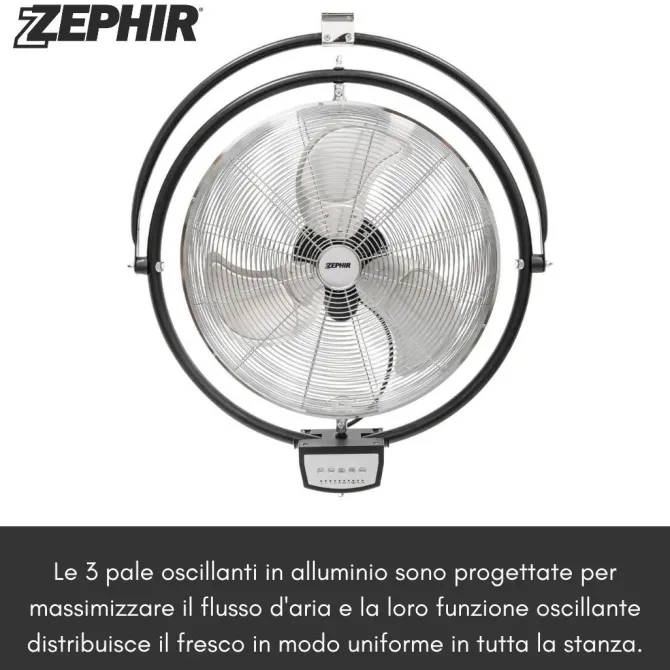 ZEPHIR - ZVI50CM Ventilatore da muro 50 cm con telecomando, 115 watt, 3 velocità, 3 pale oscillanti in alluminio, cavo 2 metri